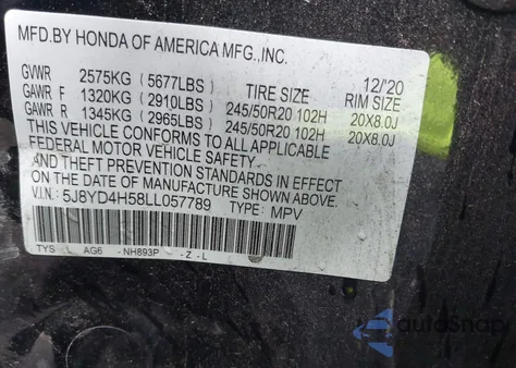 2020 Acura Mdx Technology Package z USA, uszkodzony, nr VIN 5J8YD4H58LL057789